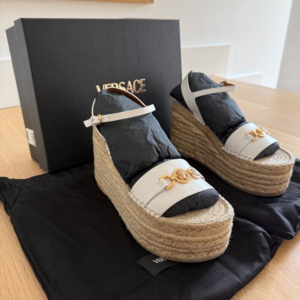 New in Box Versace Bianca Ottico Platform Wedge Sandals Size EU 40/ US 9.5